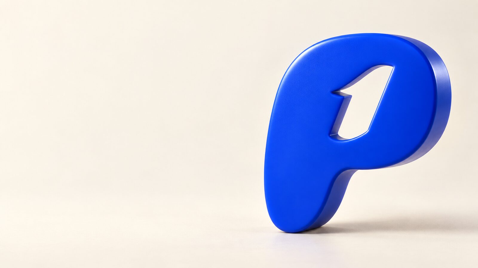 The PreIPO mark as a cobalt sculpture: a soft P with a 1 cut through it, standing on an ivory floor.
